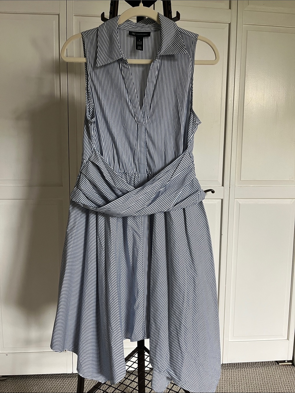 INC International Concepts Navy and White Striped Sleeveless Twist-Waist Dress